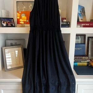 Navy Blue Midi Dress with Embroidered Hem